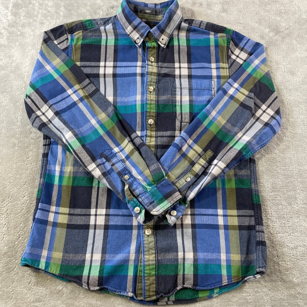 Eddie Bauer Slim Fit Flannel Shirt Mens Medium Blue Plaid Button School Fall